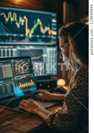 professional woman trader analyse stocks and cryptocurrency charts on laptop screen, female person trading forex or bitcoin with computer at home or office 119649844