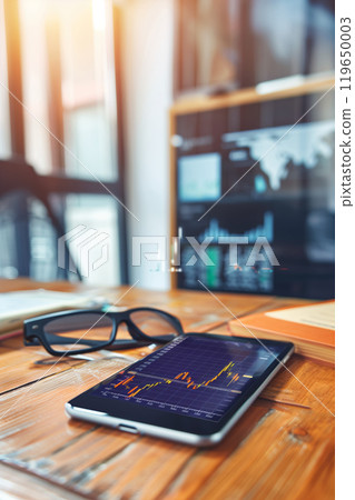 mobile phone with stocks market exchange price chart, smartphone with cryptocurrency graph lying on table, financial markets and data analysis concept 119650003