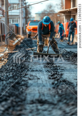 road construction and asphalt lying, highway development, workers at construction site 119650033