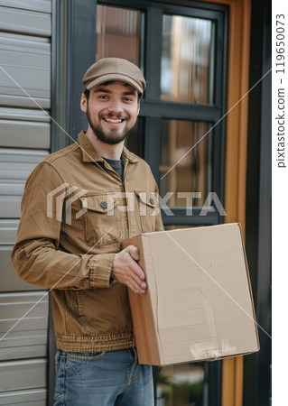 happy young delivery man with cardboard box looking at camera, courier with parcel 119650073