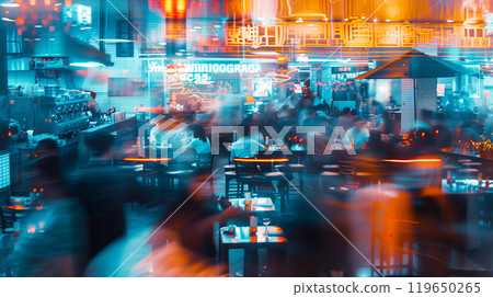 crowded restaurant or pub with people dining and waiters, bartender and chefs working, crowd drinking and eat in full bar or cafe, blurred motion 119650265