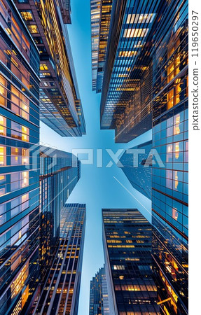 tall skyscrapers buildings looking up perspective, modern architecture of steel and glass, skyline of big city 119650297