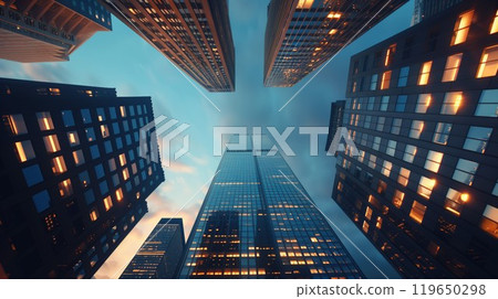 tall skyscrapers buildings looking up perspective, modern architecture of steel and glass, skyline of big city 119650298