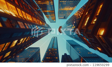 tall skyscrapers buildings looking up perspective, modern architecture of steel and glass, skyline of big city 119650299