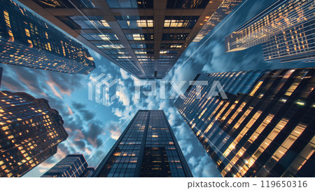 tall skyscrapers buildings looking up perspective, modern architecture of steel and glass, skyline of big city 119650316