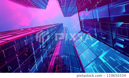 tall skyscrapers buildings looking up perspective, modern architecture of steel and glass, skyline of big city in style of purple neon cyberpunk 119650334