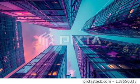 tall skyscrapers buildings looking up perspective, modern architecture of steel and glass, skyline of big city in style of purple neon cyberpunk 119650335