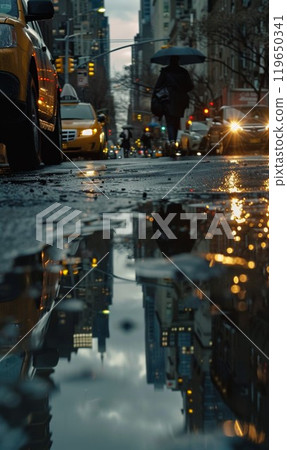 wet city road after rain closeup, puddles in asphalt of New York, pedestrians walking and cars driving 119650341