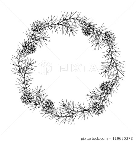 Detailed hand drawn vector wreath of pine branches and cones. Circular frame. Ideal for Christmas holiday designs, winter themes, invitations and seasonal decor Detailed hand drawn vector wreath of pine branches and cones. Circular frame. Ideal for Christmas holiday designs, winter themes, invitations and seasonal decor 119650378
