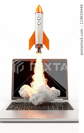 space rocket taking off from laptop, business startup launching concept, new beginning and success space rocket taking off from laptop, business startup launching concept, new beginning and success 119650448