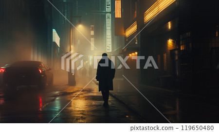 man in dark futuristic cyberpunk city, person staying at street in anti utopia environment, fantasy and sci fi man in dark futuristic cyberpunk city, person staying at street in anti utopia environment, fantasy and sci fi 119650480
