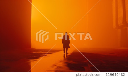 man in dark futuristic cyberpunk city, person staying at street in anti utopia environment, fantasy and sci fi 119650482