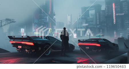man standing in futuristic utopian cyberpunk city by two luxury racing sport cars, science fiction environment, dark future concept 119650483