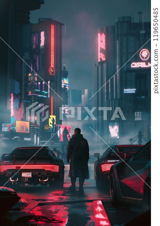 man standing in futuristic utopian cyberpunk city by two luxury racing sport cars, science fiction environment, dark future concept 119650485