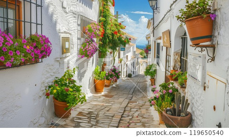 cozy street of old European town, white walls and colourful flowers, cosy Spanish or Italian narrow alley 119650540
