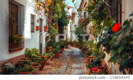 cozy street of old European town, white walls and colourful flowers, cosy Spanish or Italian narrow alley 119650545