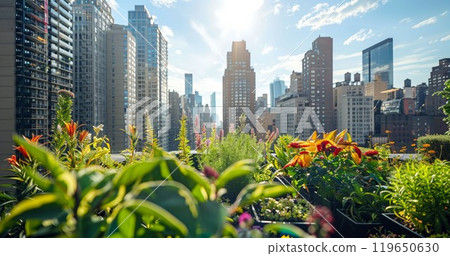 green plants and garden on rooftop of residential or office building, nature and contemporary architecture, balance and harmony of city and human, sustainable roof top ecosystem 119650630