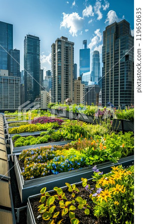 green plants and garden on rooftop of residential or office building, nature and contemporary architecture, balance and harmony of city and human, sustainable roof top ecosystem 119650635