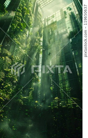interior with green plants and garden in modern glass skyscraper office building, nature and contemporary architecture, balance and harmony of environment and human, sustainable ecosystem interior with green plants and garden in modern glass skyscraper office building, nature and contemporary architecture, balance and harmony of environment and human, sustainable ecosystem 119650637
