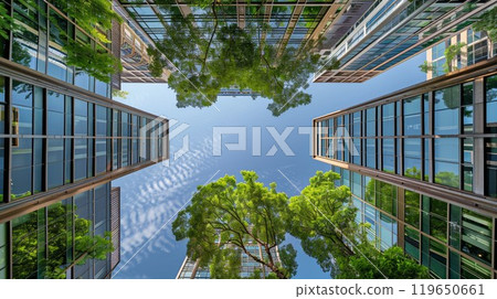 look up perspective of green trees and plants by modern glass skyscraper office building, nature and contemporary architecture, balance and harmony of environment and human, sustainable ecosystem look up perspective of green trees and plants by modern glass skyscraper office building, nature and contemporary architecture, balance and harmony of environment and human, sustainable ecosystem 119650661