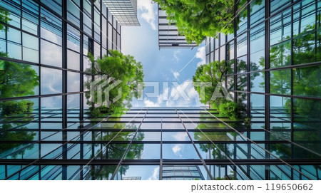 look up perspective of green trees and plants by modern glass skyscraper office building, nature and contemporary architecture, balance and harmony of environment and human, sustainable ecosystem look up perspective of green trees and plants by modern glass skyscraper office building, nature and contemporary architecture, balance and harmony of environment and human, sustainable ecosystem 119650662