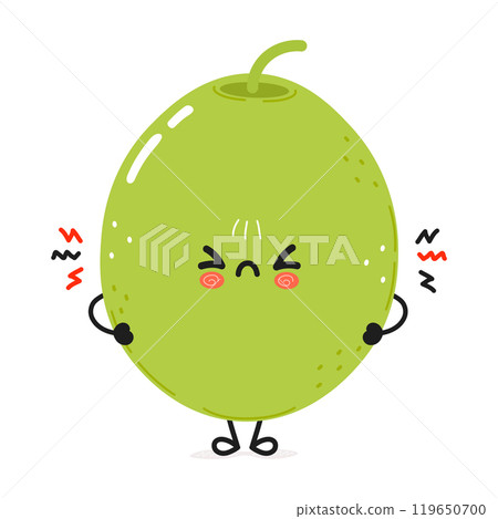 Cute angry Green olive character. Vector hand drawn cartoon kawaii character illustration icon. Isolated on white background. Sad Green olive character concept Cute angry Green olive character. Vector hand drawn cartoon kawaii character illustration icon. Isolated on white background. Sad Green olive character concept 119650700