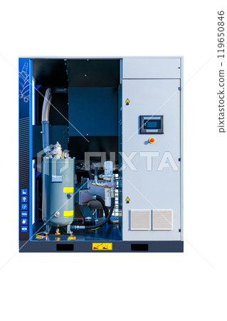Modern industrial air compressor showing internal components and control panel Modern industrial air compressor showing internal components and control panel 119650846