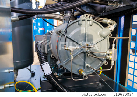 Industrial air compressor showing pipes, hoses, and valves Industrial air compressor showing pipes, hoses, and valves 119650854