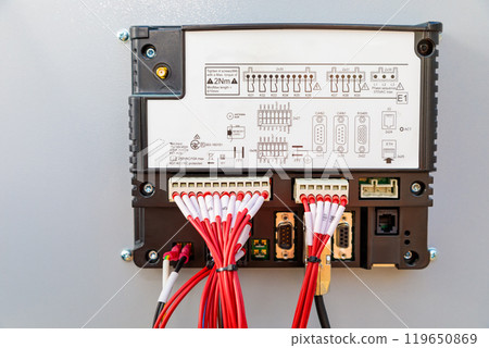 Programmable logic controller with wiring and connectors for industrial automation Programmable logic controller with wiring and connectors for industrial automation 119650869