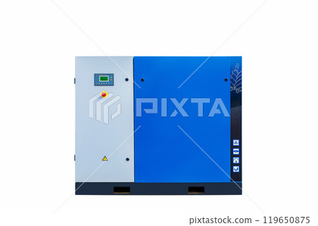 Powerful industrial air compressor with control panel on white background 119650875
