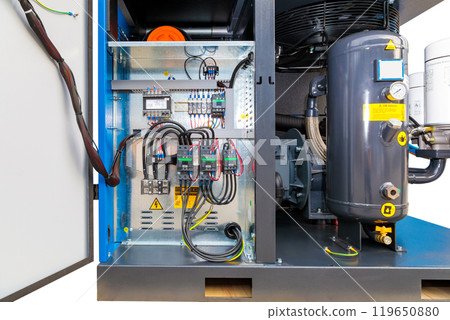 Internal wiring and components of industrial air compressor unit 119650880