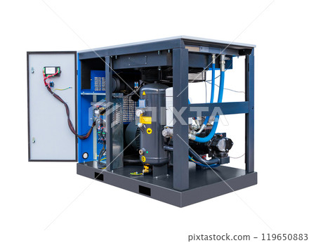 Powerful industrial air compressor with open control panel showing internal components Powerful industrial air compressor with open control panel showing internal components 119650883