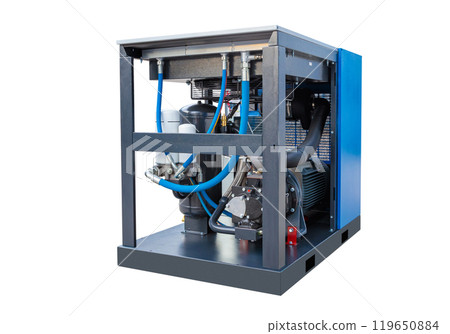 Powerful industrial air compressor showing internal components and blue panel Powerful industrial air compressor showing internal components and blue panel 119650884