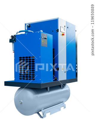 Powerful industrial air compressor with dryer and tank isolated on white background Powerful industrial air compressor with dryer and tank isolated on white background 119650889