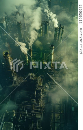 aerial view of heavy industry factory with smokestacks, chimneys and pipe, air and environment pollution, smoke stack and smog over industrial chemical plant 119650925