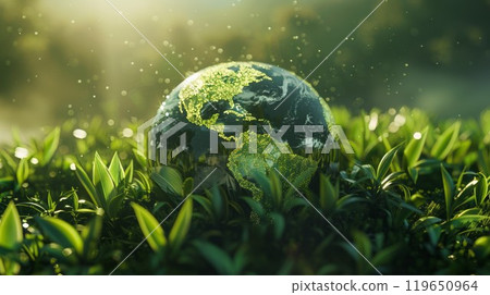 illustration of planet Earth globe in green leaves, responsible consumption and resources sustainability, balance of ecology and harmony with environment concept 119650964