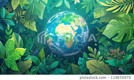 illustration of planet Earth globe in green leaves, responsible consumption and resources sustainability, balance of ecology and harmony with environment concept 119650978