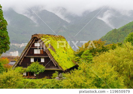 Gassho-style houses in the rain (Gero City, Gifu Prefecture) 119650979