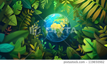 illustration of planet Earth globe in green leaves, responsible consumption and resources sustainability, balance of ecology and harmony with environment concept 119650982