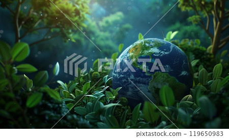illustration of planet Earth globe in green leaves, responsible consumption and resources sustainability, balance of ecology and harmony with environment concept 119650983