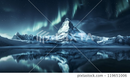 beautiful northern snowy mountain with aurora borealis at night, north pole nature at winter 119651006