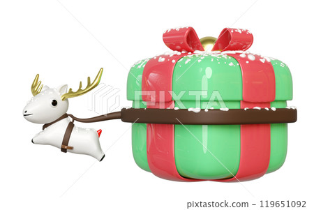 3d deer dragging a big gift box isolated. merry christmas, festive new year concept, 3d render illustration 3d deer dragging a big gift box isolated. merry christmas, festive new year concept, 3d render illustration 119651092