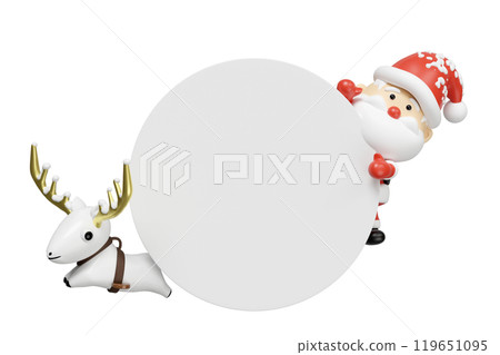 Santa claus and reindeer with round banner isolated. poster or happiness cards, merry christmas, festive New Year concept, 3d render illustration 119651095