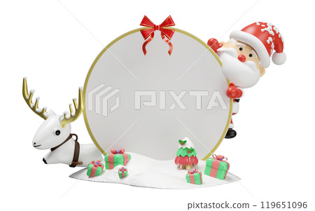 Santa claus and reindeer with round banner, bow, snow hill, gift box isolated. poster or happiness cards, merry christmas, festive New Year concept, 3d render illustration 119651096