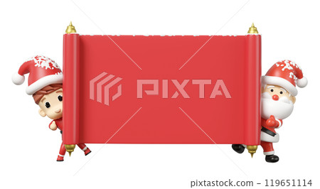 3d announcement roll banner with santa claus isolated. poster or happiness cards, merry christmas, festive new year concept, 3d render illustration 3d announcement roll banner with santa claus isolated. poster or happiness cards, merry christmas, festive new year concept, 3d render illustration 119651114