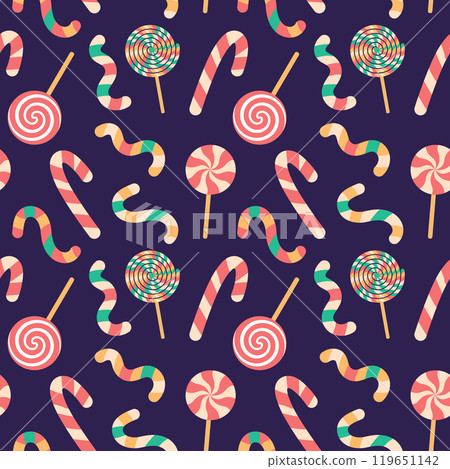Seamless pattern of candies. Caramel stick, lollipop, candy cane on dark background. Holiday texture, pagking design 119651142