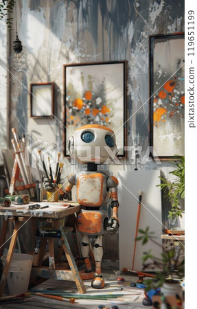 cute vintage robot painting picture in artistic studio, funny robotic cyborg artist drawing artwork on canvas, artificial intelligence concept 119651199