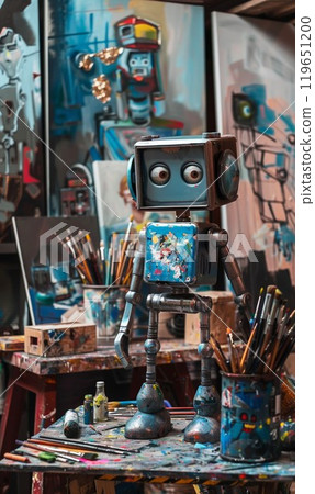 cute vintage robot painting picture in artistic studio, funny robotic cyborg artist drawing artwork on canvas, artificial intelligence concept 119651200