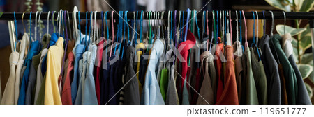 Secondhand apparel hanging on rack Secondhand apparel hanging on rack 119651777