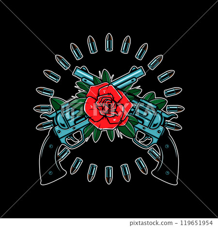 Crossed guns with roses. Design element for poster, card, banner, emblem, sign. Vector illustration Crossed guns with roses. Design element for poster, card, banner, emblem, sign. Vector illustration 119651954